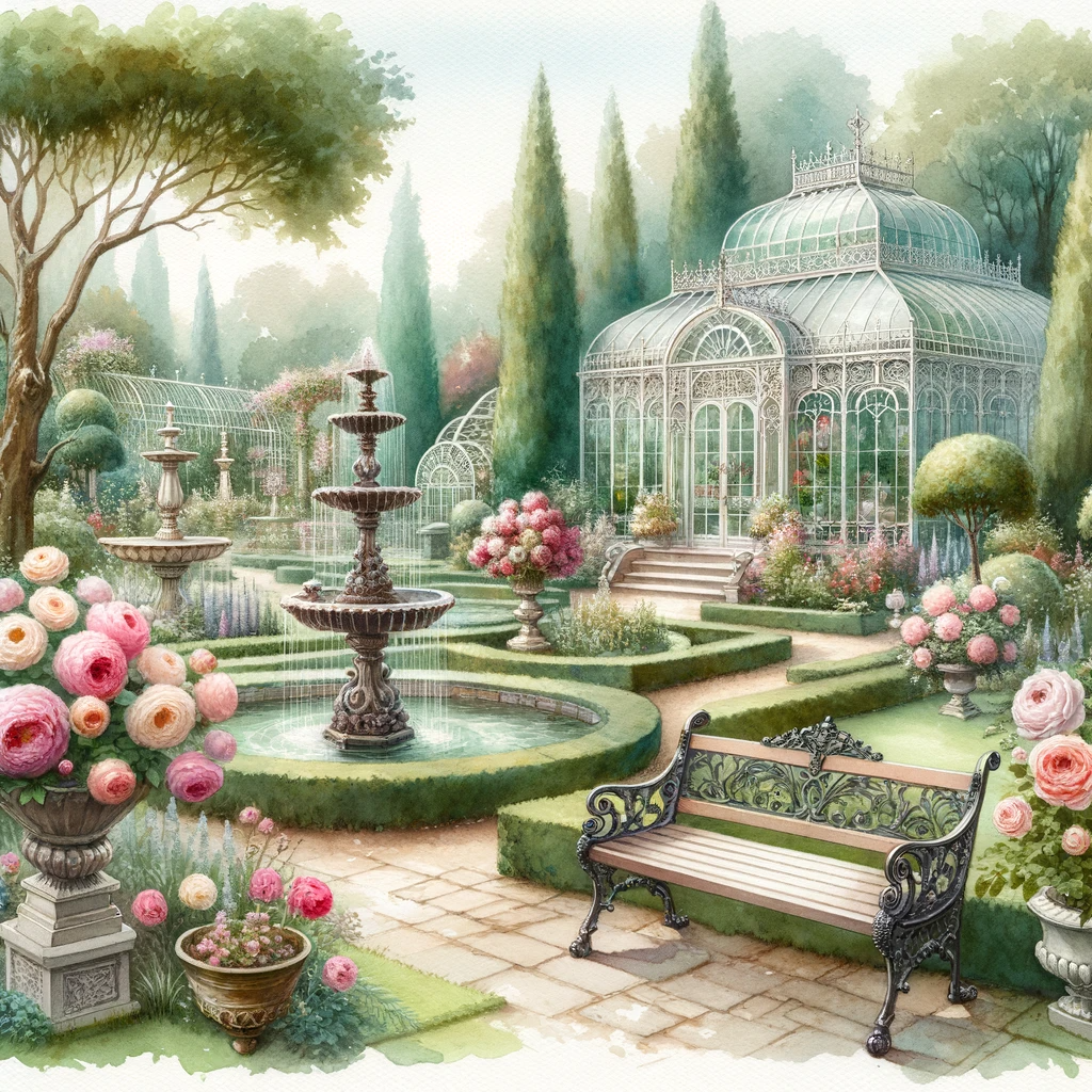 DALL·E 2023-10-24 13.41.15 - Watercolor painting of a Victorian garden in pastel tones, with a garden bench and blooming roses in the foreground, ornate fountains and manicured he.png