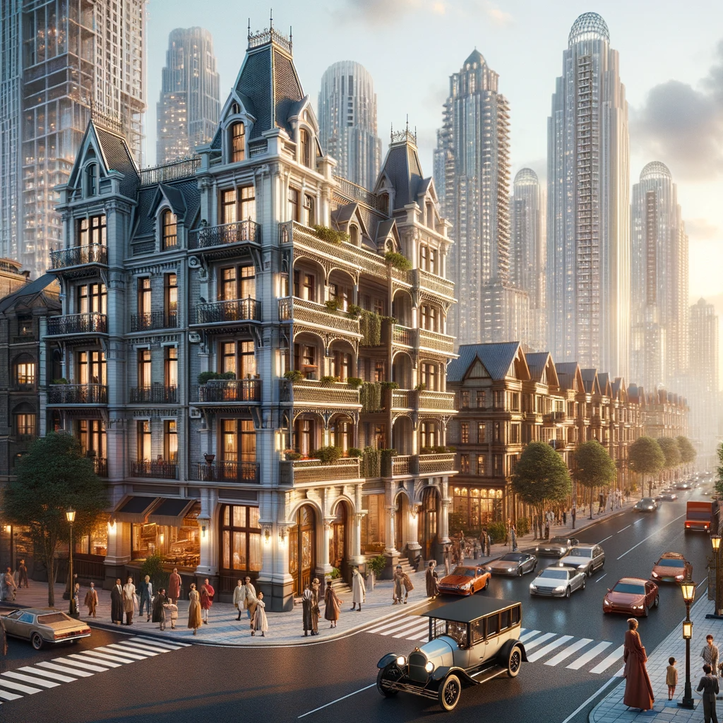 DALL·E 2023-10-24 13.41.12 - Photorealistic image of a bustling urban street with diverse pedestrians and vintage cars in the foreground, a towering Victorian building with ornate.png